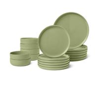 Amazon Basics Service à Vaisselle en Grès Émaillé, Lot de 18 Pièces, 6 Couverts Complets, Compatible Lave-Vaisselle, Couleur Olive