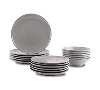 Amazon Basics Service de table 18 pièces en grès, pour 6 personnes, Gris fumé