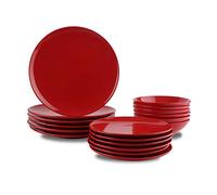 Amazon Basics Service de table 18 pièces en grès, pour 6 personnes, Rouge flamboyant