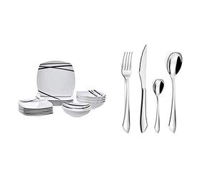 Amazon Basics Service de table 18 pièces - Lignes modernes, pour 6 personnes & Amefa Instinct Ménagère 24 pièces - Coffret 6 personnes, Acier inoxydable, Finition brillante, 13,7 x 7 x 26,5 cm