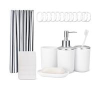 Amazon Basics Set d'Accessoires Salle de Bain : Rideau de Douche avec Crochets, Tapis de Bain Memory Foam, Distributeur de Savon, Porte-Savon, Porte-Brosse à Dents & Gobelet, Noir
