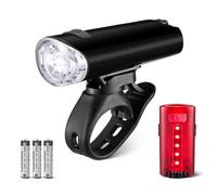 Amazon Basics Set d'Éclairage Vélo LED avec Phare 100 Lumens et Feu Arrière 10 Lumens - Lampes de Vélo Étanches à 3 Modes avec Supports - Piles Incluses - Noir et Rouge