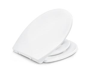 Amazon Basics Siège WC Ovale Familial avec Anneau Amovible pour Enfant, Fermeture en Douceur, Charnières à Déclipsage Rapide, Taille Universelle, Urée Antistatique, Finition Porcelaine, Blanc