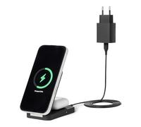 Amazon Basics Station de Recharge sans Fil 2-en-1 Compatible MagSafe, Recharge Rapide 25W Max., Certifiée Qi 2.2, Support Pliable iPhone 17/16/15/14/13/12, AirPods, Adaptateur 45W, Noir