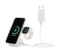 Amazon Basics Station de Recharge sans Fil 3 en 1 25 W certifiée Qi2.2, Support Pliable Compatible MagSafe pour iPhone 17/16/15/14/13/12, Apple Watch, AirPods, avec Adaptateur 45 W, Blanc