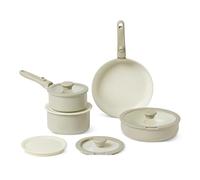 Amazon Basics Ustensiles de Cuisine Empilables Antiadhésifs en Céramique avec Poignées Amovibles, Lot de 11 Pièces, Compatibles Tous Feux, Couleur Gris Lin
