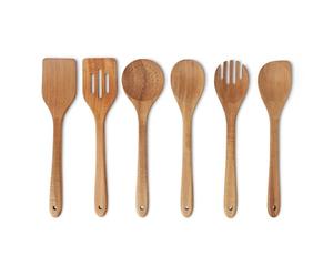 Amazon Basics Ustensiles de Cuisine en Bois , Lot de 6 Pièces, Bois d’Acacia, Préhuilés, Compatibles avec les Poêles et les Casseroles