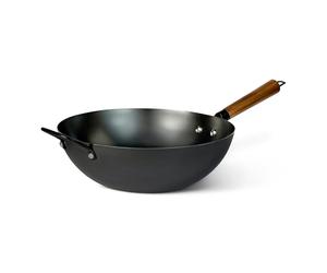 Amazon Basics Wok Pré-Assaisonné en Acier au Carbone avec Manche en Bois d’Acacia, Compatible Tous Feux, 32cm