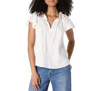 Amazon Essentials Blouse à Manches Longues Col Volanté en Satin de Coton Coupe Décontractée Femme, Blanc, XS