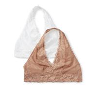 Amazon Essentials Brassière Dos-Nu à Col en V Profond, Sans Armatures et Non Rembourrée, Dentelle Douce et Extensible Femme, Lot de 2, Blanc/Bronze Lavé, XXL