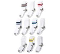 Amazon Essentials Chaussettes de Sport Mi-mollets, en Coton, Rembourrées Garçon, 10 Paires, Blanc Rayures, 8 ans