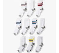 Amazon Essentials Chaussettes de Sport Mi-mollets, en Coton, Rembourrées Garçon, Lot de 10, Blanc Rayures, M (4-8 ans)