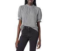 Amazon Essentials Chemise À Manches Bouffantes Courtes en Sergé Fluide Femme, Noir Blanc Mini Motif Vichy, XL