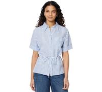 Amazon Essentials Chemise à Manches Larges en Lin Mélangé, Coupe Décontractée et Taille Ajustable Femme, Rayures Bleues et Blanches, XL