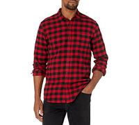 Amazon Essentials Chemise Ajustée en Flanelle à Carreaux Avec Boutons et Manches Longues Homme, Noir Rouge Carreaux Lainés, XS