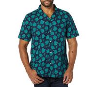 Amazon Essentials Chemise de Vacances en Coton pour Homme, Manches Courtes Coupe ajustée, imprimé Feuilles de Palmier Bleu Marine, Bleu Sarcelle, Taille XL