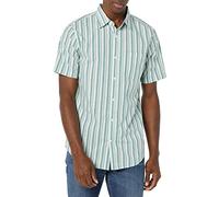 Amazon Essentials Chemise en Popeline à Manches Courtes Coupe Ajustée Homme, Bleu des Mers du Sud Blanc Rayures Verticales, L