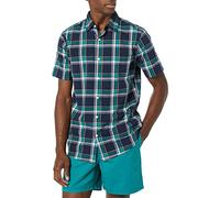 Amazon Essentials Chemise en Popeline à Manches Courtes Coupe Ajustée Homme, Bleu Marine Vert Écossais, L