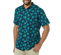 Amazon Essentials Chemise en Popeline à Manches Courtes Coupe Ajustée Homme, Bleu Marine Vert Sarcelle Imprimé Palmes, XS