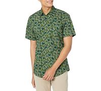 Amazon Essentials Chemise imprimée boutonnée à Manches Courtes pour Hommes, Coupe ajustée, Motif Fleur d'hibiscus Olive, Taille XS