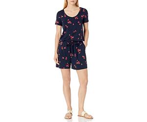 Amazon Essentials Combishort à Manches Courtes et Encolure Ronde Femme, Bleu Marine Rouge Tulipes, S