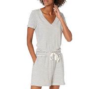 Amazon Essentials Combishort Col en v à Manches Courtes en Éponge Ultra-Douce (Déjà Daily Ritual) Femme, Blanc Noir Thin Stripe, XL