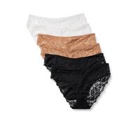 Amazon Essentials Culottes en Dentelle Galloon Extensible, Modèles Bikini, Hipster, String et Taille Haute Femme, Lot de 6, Blanc/Bronze Lavé/Noir, 42
