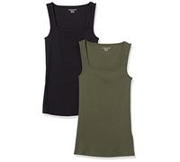 Amazon Essentials Débardeur à Encolure Carrée, Coupe Ajustée Femme, Lot de 2, Noir/Olive Foncé, XS
