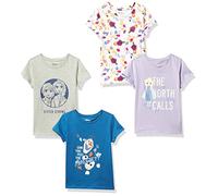 Amazon Essentials Disney | Marvel | Star Wars | Frozen | Princess T- Shirts à Manches Courtes Fille, Lot de 4, Bleu/Gris/la Reine des Neiges 2 - Plus Forts Ensemble/Violet, 10 ans