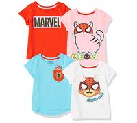 Amazon Essentials Disney | Marvel | Star Wars | Frozen | Princess T- Shirts à Manches Courtes Fille, Lot de 4, Marvel Spider-Cat, 11-12 Ans
