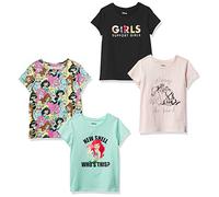 Amazon Essentials Disney | Marvel | Star Wars | Frozen | Princess T- Shirts à Manches Courtes Fille, Lot de 4, Noir/Vert/Rose/Princess Power, 10 ans
