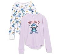 Amazon Essentials Disney | Marvel | Star Wars | Frozen T-Shirts en Tissu Isolant à Manches Longues Fille, Lot de 2, Stitch Pizza, 6-7 ans