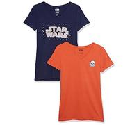 Amazon Essentials Disney | Marvel | Star Wars | Princess T-Shirt Col en v à Manches Courtes Coupe Classique Femme, Lot de 2, Logo Star wars, L