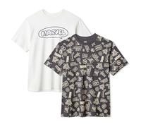 Amazon Essentials Disney T-shirt en Coton à Col Rond à Manches Courtes, Coupe Classique Homme, Lot de 2, Logo Marvel Ivoire, M