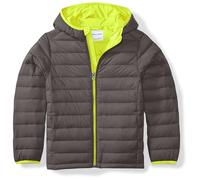 Amazon Essentials Doudoune à Capuche Légère, Paquetable et Résistante à L’Eau Garçon, Gris Foncé Jaune Fluo, 5 Ans