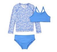 Amazon Essentials Ensemble Bikini 3 Pièces avec Maillot Anti-irritations à Manches Longues Fille, Bleu/Motif Floral, 10 ans