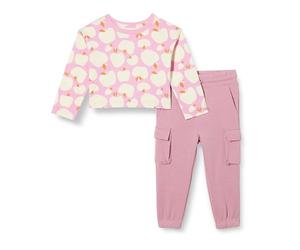 Amazon Essentials Ensemble Coupe Décontractée avec T-Shirt à Manches Longues en Jersey de Coton et Pantalon à Enfiler en Molleton French Terry Fille, Mauve/Pommes, 3 ans