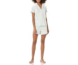 Amazon Essentials Ensemble de Pyjama Court en Coton et Modal passepoilé à col cranté pour Femme, vêtement de détente Confortable (Disponible en Grande Taille), Vert Jade, Taille XL