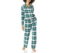 Amazon Essentials Ensemble pantalon de pyjama et chemise en flanelle à manches longues boutonnés sur le devant Femme, Blanc Vert Foncé Écossais, XXL