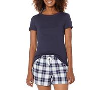 Amazon Essentials Ensemble T-Shirt et Short de Nuit en Popeline Femme, Bleu Marine Écossais, S