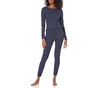 Amazon Essentials Femme Ensemble de Pyjama 2 Pièces en Tissu Gaufré, Manches Longues, Coupe Ajustée, Bleu Marine Jaune Floral, L
