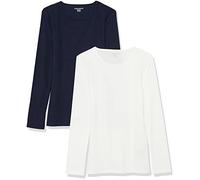 Amazon Essentials Haut à Encolure Ronde et Manches Longues, Coupe ajustée, en Maille côtelée (Existe en Grandes Tailles) Femme, Lot de 2, Blanc/Bleu Marine, XL