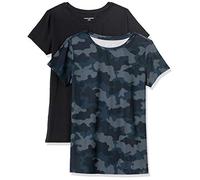 Amazon Essentials Haut de Gymnastique Extensible en Tissu Technique à Séchage Rapide, Col Rond et Manches Courtes (Disponible en Grande Taille) Femme, Lot de 2, Bleu Marine Camouflage/Noir, S