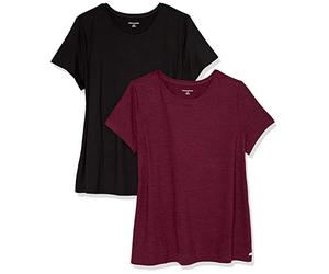 Amazon Essentials Haut de Gymnastique Extensible en Tissu Technique à Séchage Rapide, Col Rond et Manches Courtes (Disponible en Grande Taille) Femme, Lot de 2, Bordeaux Teinture Spatiale/Noir, S