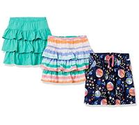 Amazon Essentials Jupe-Short à Volants en Maille (Anciennement Spotted Zebra) Fille, Lot de 3, Blanc Tie-Dye/Bleu Marine Motif Spatial/Vert Turquoise, 6-7 Ans