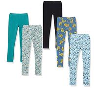 Amazon Essentials Legging Fille, Lot de 5, Blanc Fleuri/Bleu Imprimé Feuilles/Indigo Gros Chats/Noir/Vert Turquoise, 4 Ans