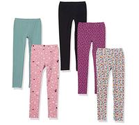Amazon Essentials Legging Fille, Lot de 5, Blanc Jaune Floral/Noir/Rose Fleurs/Vert Turquoise/Violet Points, 5 Ans