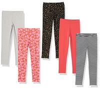 Amazon Essentials Legging Fille, Lot de 5, Blanc Rayures/Gris/Noir Étoiles/Orange/Pêche Imprimé Feuilles, 3 Ans