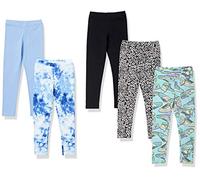 Amazon Essentials Legging Fille, Lot de 5, Bleu/Bleu des Mers du Sud/Cœurs/Noir/Tie-Dye, 9-10 ans