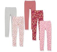 Amazon Essentials Legging Fille, Lot de 5, Gris/Rose Clair Fleuri/Rose Imprimé Feuilles/Rosé Foncé/Rouge Champignon, 3 Ans